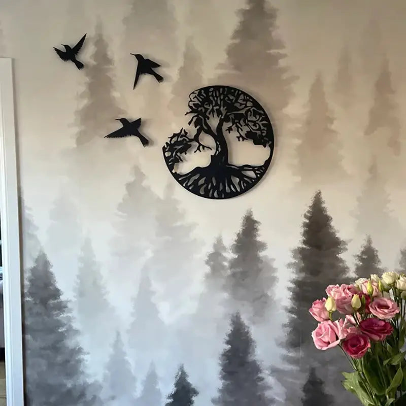 Décoration Murale en Métal - Arbre de Vie avec Trois Oiseaux 28x28cm