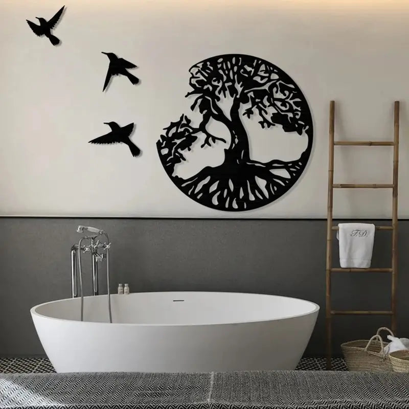 Décoration Murale en Métal - Arbre de Vie avec Trois Oiseaux 28x28cm