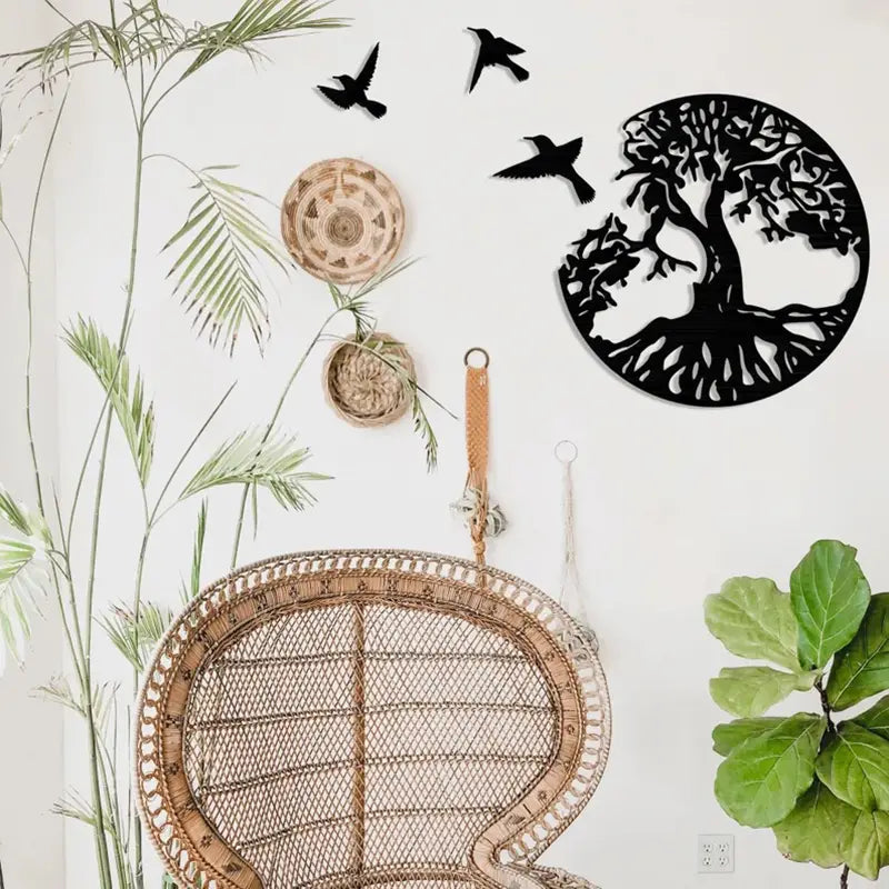 Décoration Murale en Métal - Arbre de Vie avec Trois Oiseaux 28x28cm