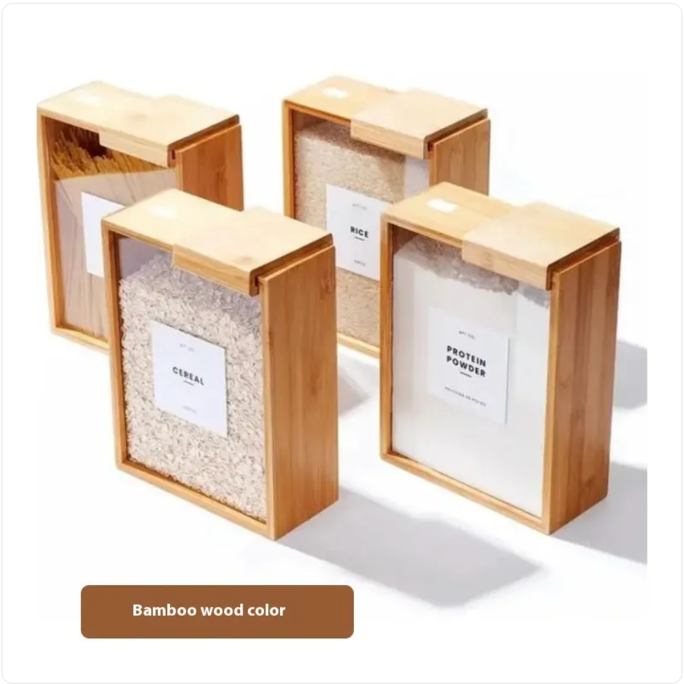 Boîte de rangement pour céréales avec couvercle coulissant en bambou