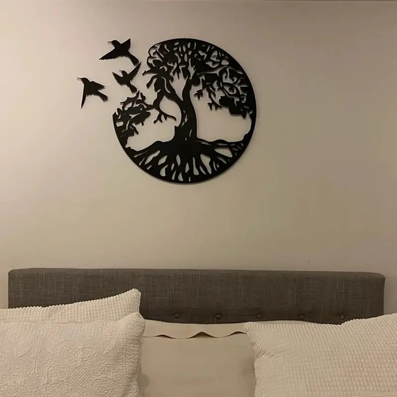 Décoration Murale en Métal - Arbre de Vie avec Trois Oiseaux 28x28cm