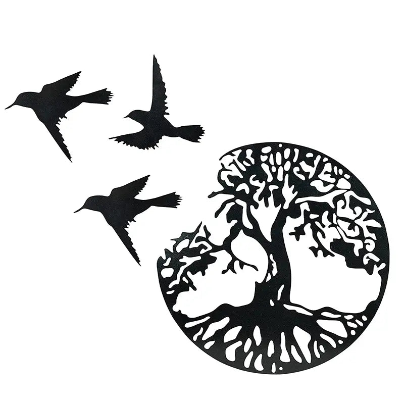 Décoration Murale en Métal - Arbre de Vie avec Trois Oiseaux 28x28cm