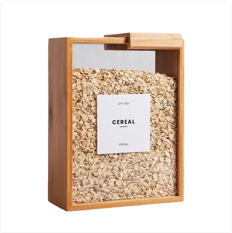 Boîte de rangement pour céréales avec couvercle coulissant en bambou