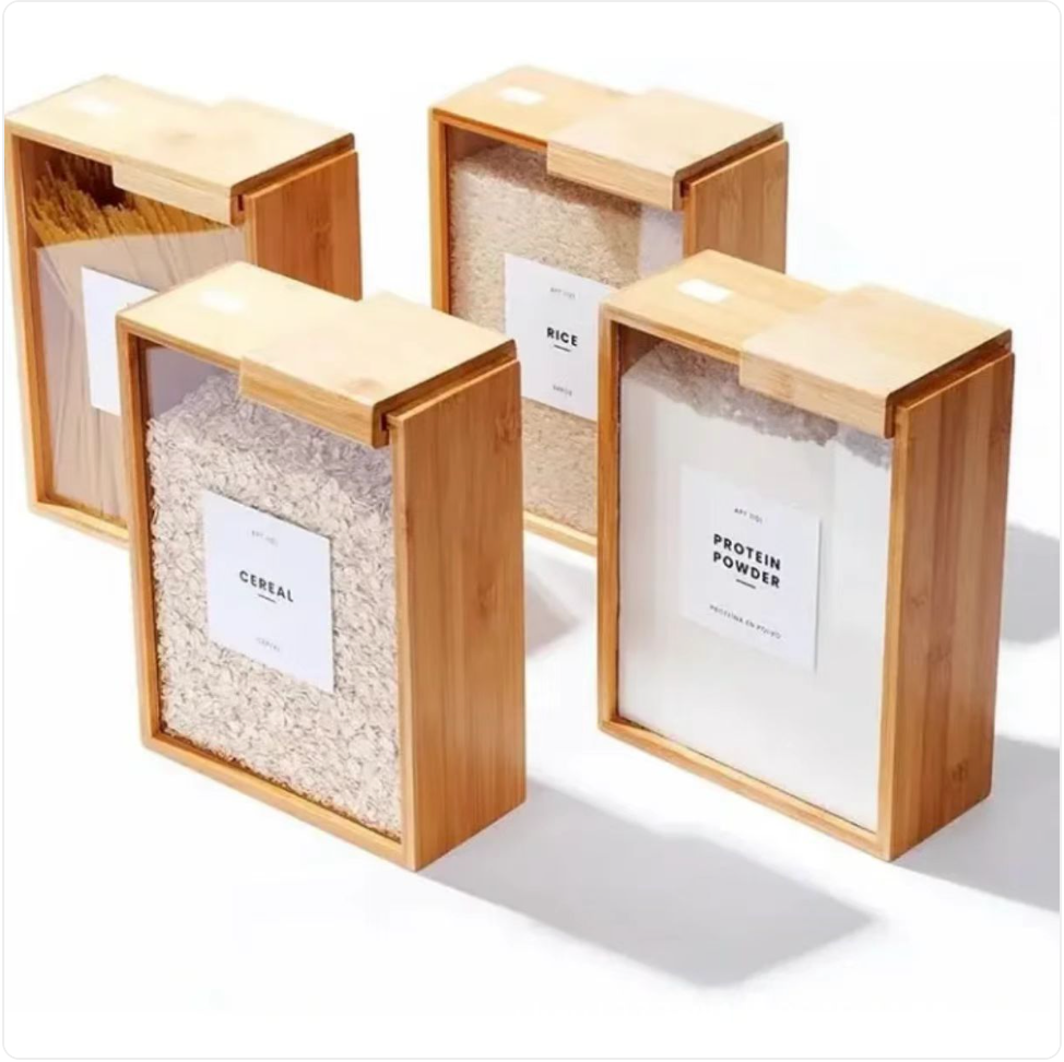 Boîte de rangement pour céréales avec couvercle coulissant en bambou
