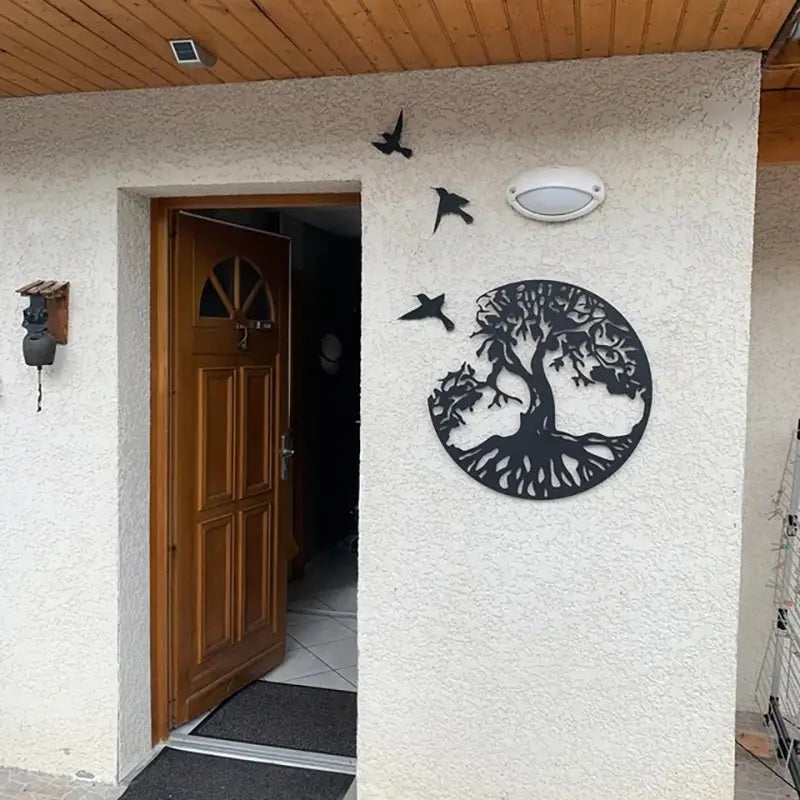Décoration Murale en Métal - Arbre de Vie avec Trois Oiseaux 28x28cm
