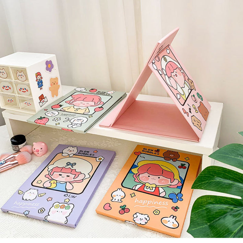 Cute Cartoon Folding Makeup Mirror - Portable Heart Design